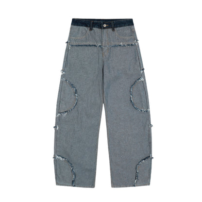 Dark Navy Waistband Raw Edge Arc Cutout Patchwork Baggy Wide Leg Jeans Deconstructed Y2K