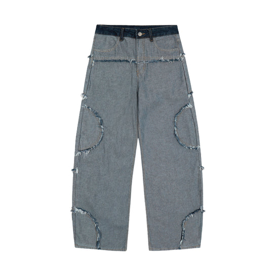 Dark Navy Waistband Raw Edge Arc Cutout Wide Leg Jeans - Grey Blue Back Detail