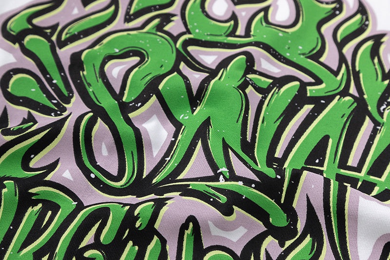 White crew neck graphic T-shirt with small green chest graphic and large graffiti-style back print - view 2