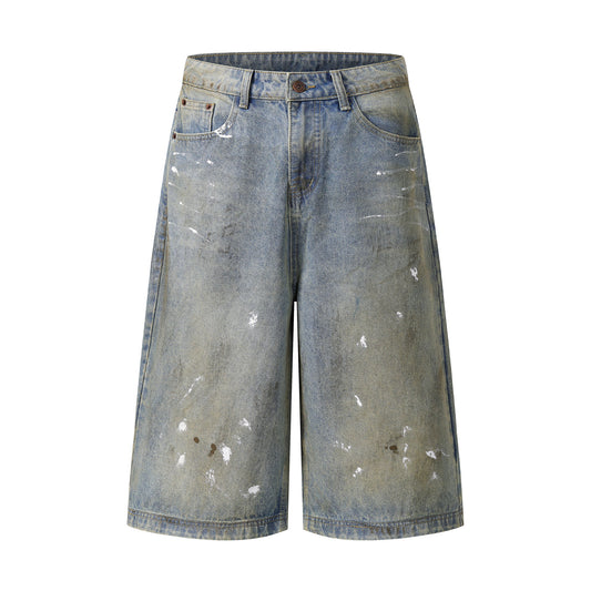 Paint Splatter Wide Leg Denim Shorts High Waist Washed Distressed Streetwear Summer Casual Jean Shorts | Chalk Drift