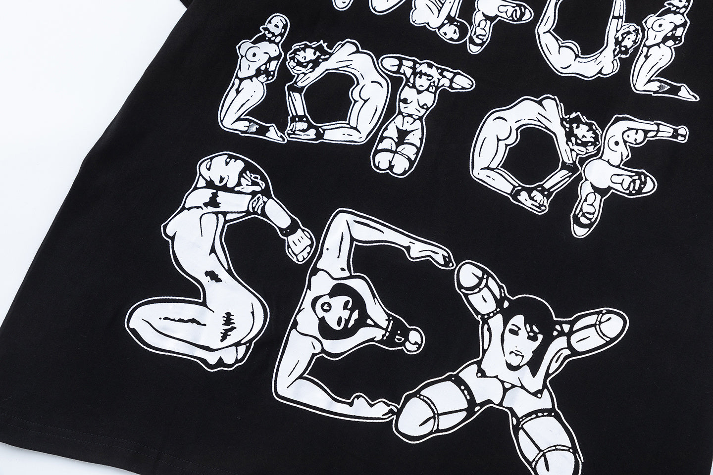 Black unisex oversized graphic T-shirt with white figure lettering print on front and back - view 2
