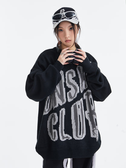 UNS Club Rose Gothic Letter Jacquard Oversized Crew Neck Sweater Streetwear Y2K Knit Pullover