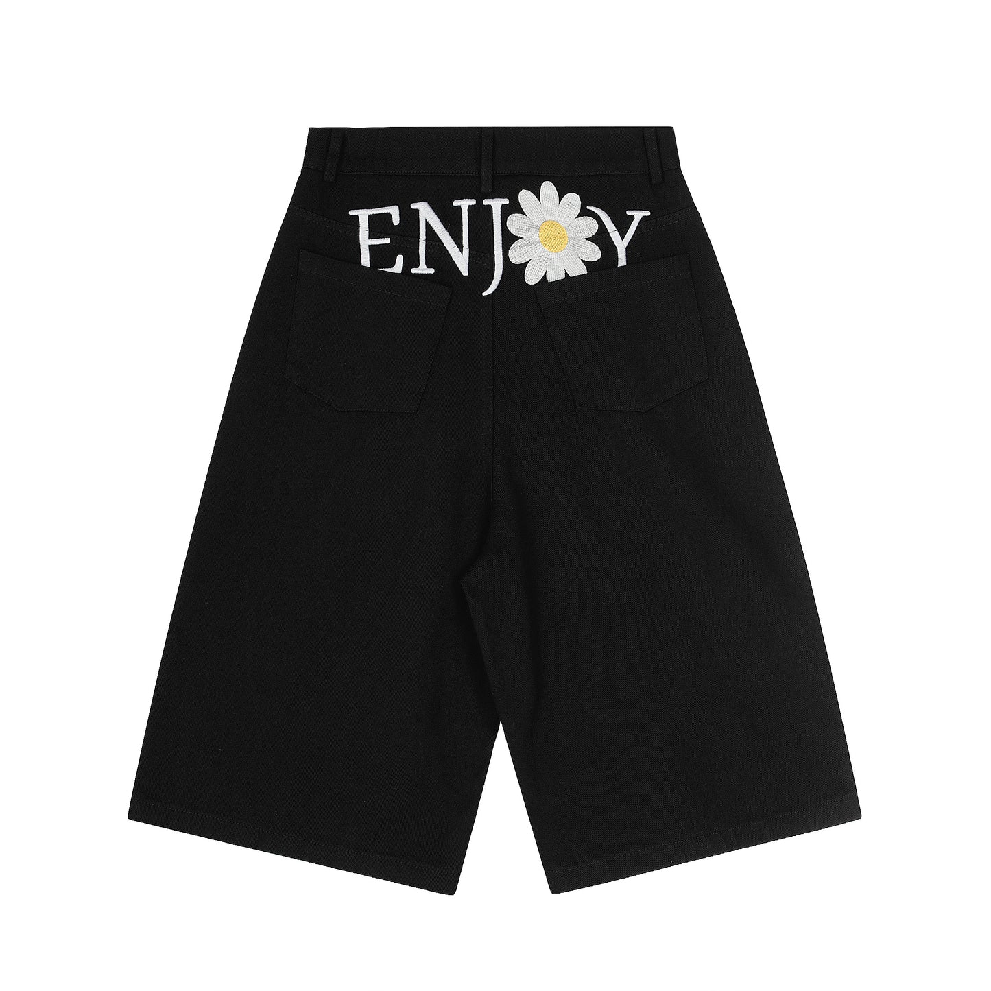Women's ENJOY Daisy Embroidery High Waist Wide Leg Shorts - Black Front View