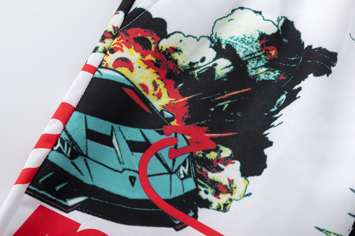 White graphic shorts with colorful cars, explosions, helicopters, elastic waistband, drawstring, and side pockets - view 2
