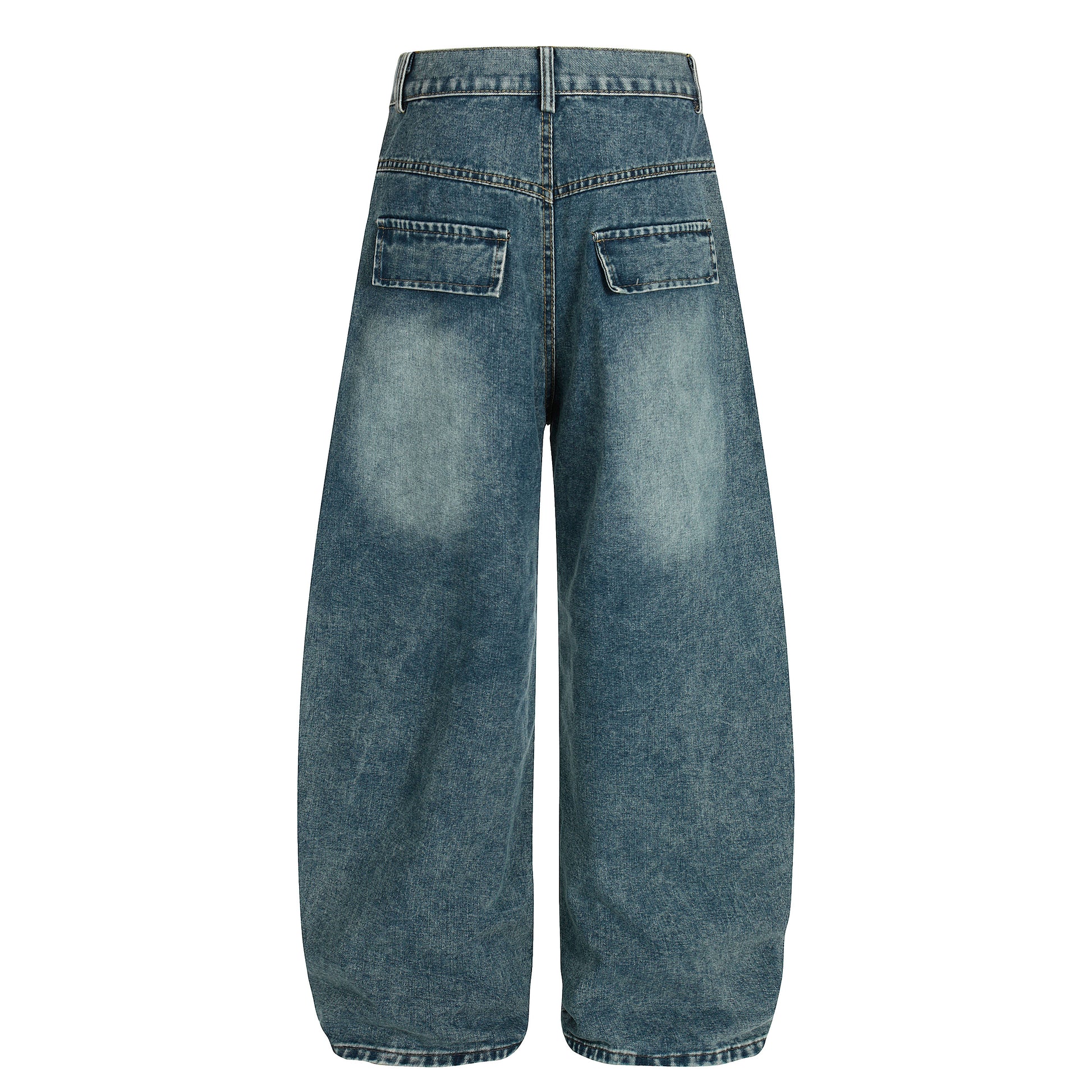 Women's RyntFeng Toysen Gold Script Floral Embroidery Balloon Wide Leg Denim Jeans - Blue Front & Back View