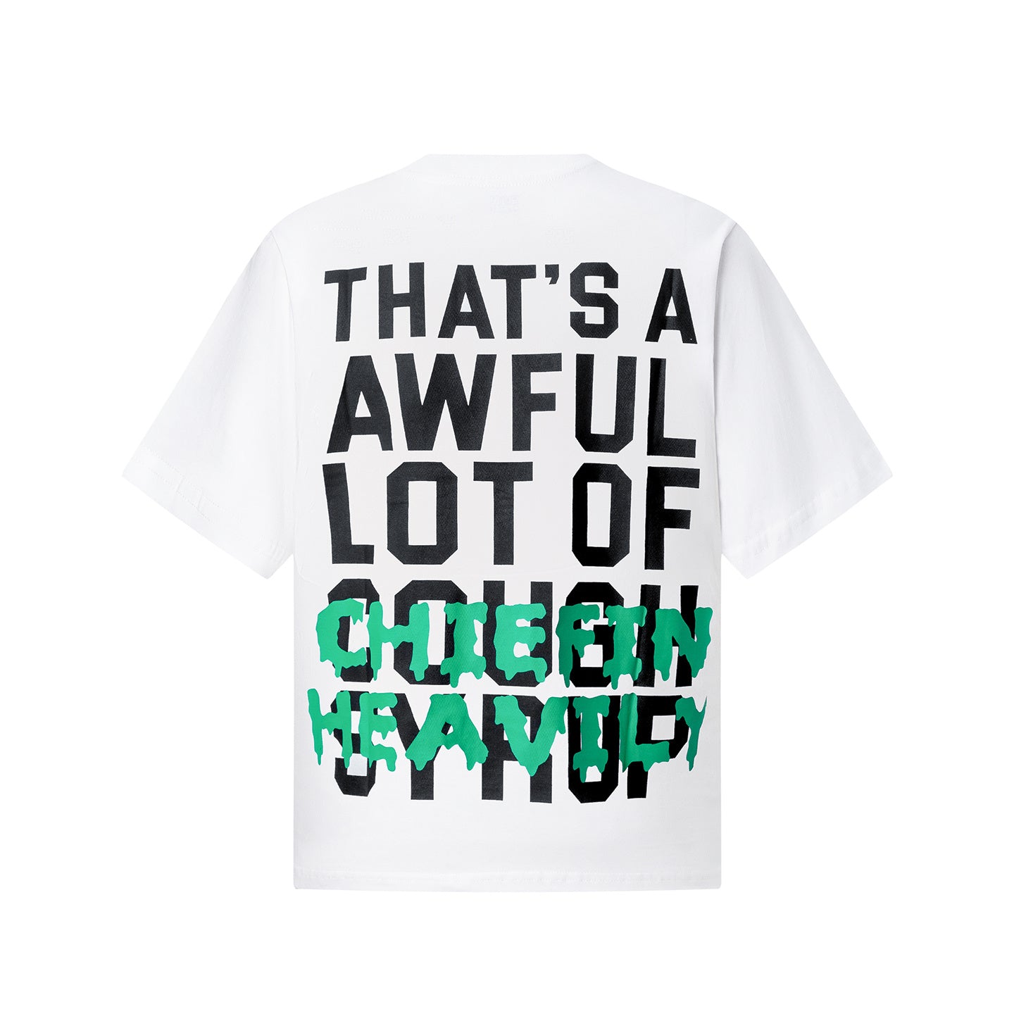 Black and white unisex graphic T-shirts with bold green Chiefln Heavy lettering and cartoon artwork - view 2