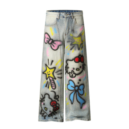Kawaii Cat Graffiti Spray Paint Wide Leg Jeans Bow Star Cartoon Print High Waist Baggy Denim Pants Streetwear Barrel Trousers | Kitty Spray