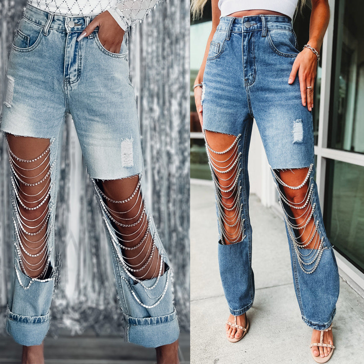 Early spring jeans with big holes for women, straight pants with chain ornaments