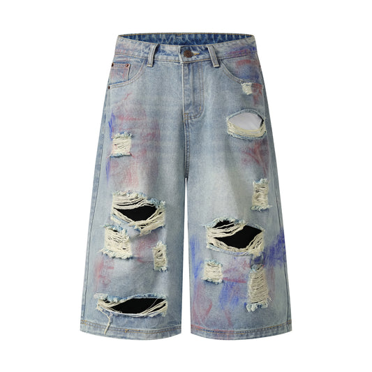 Paint Splash Distressed Ripped Denim Shorts Wide Leg High Waist Washed Streetwear Summer Casual Jean Shorts | Violet Wreck