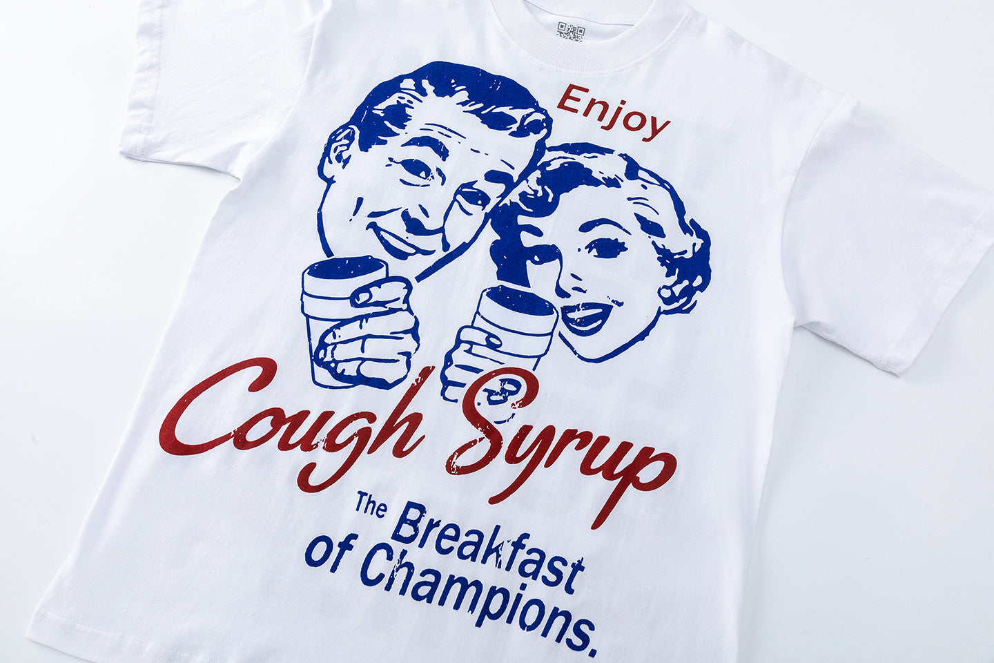 White crew neck graphic T-shirt with colorful Cough Syrup lettering and vintage-style illustrated coffee graphic - view 2