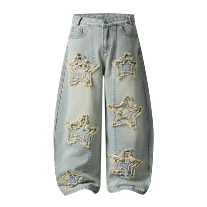 Frayed Star Patch Wide Leg Jeans Hollow Out Distressed Denim Pants High Waist Baggy Streetwear Barrel Leg Trousers | Fray Star