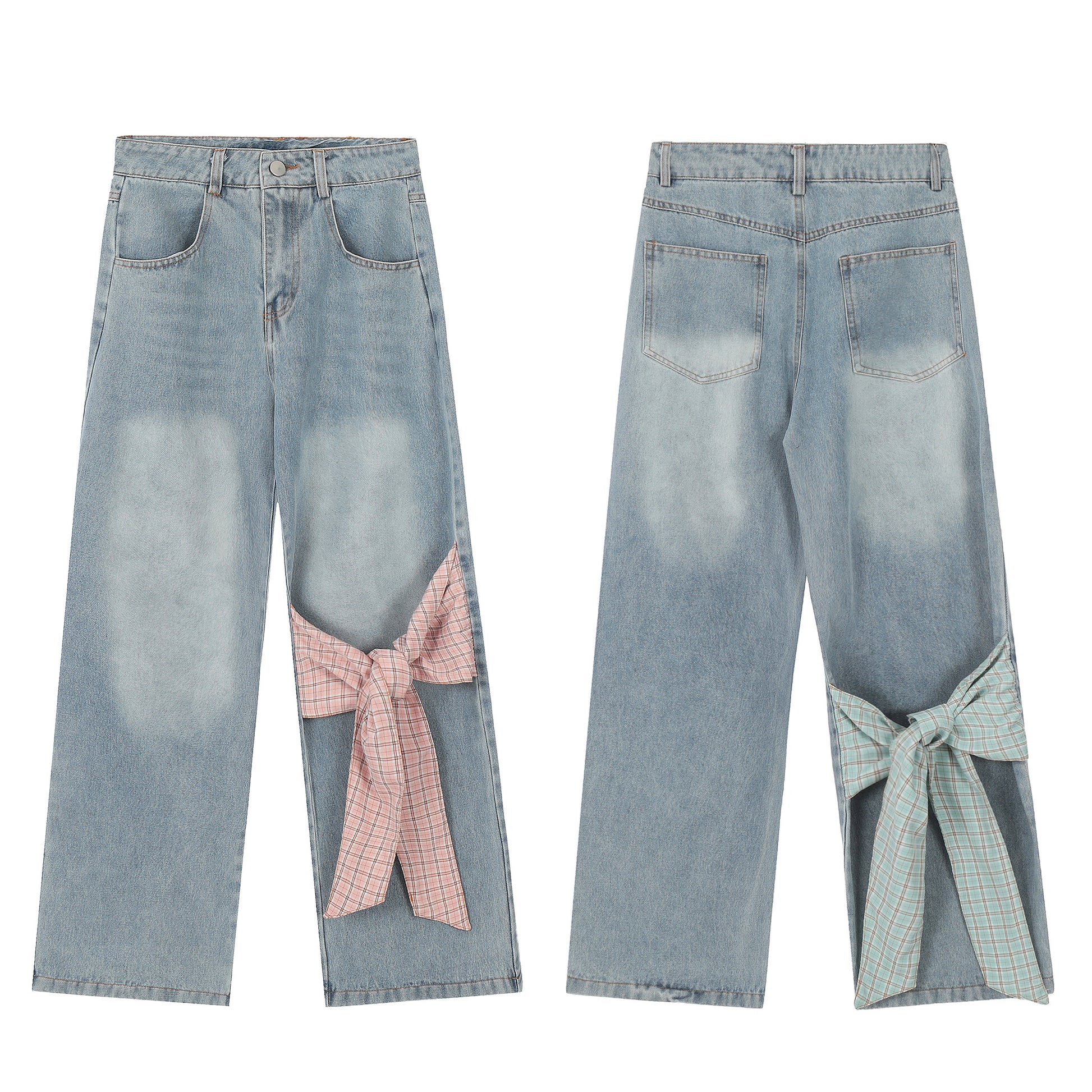 Plaid Bow Tie Side Leg Cutout Wide Leg Jeans - Pink Bow Front Detail