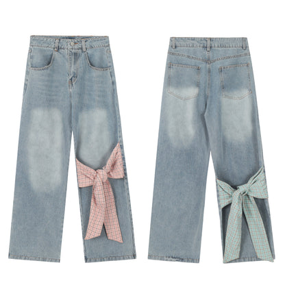 Plaid Bow Tie Side Leg Cutout Wide Leg Jeans Heart Wash High Waist Straight Denim Y2K Cute