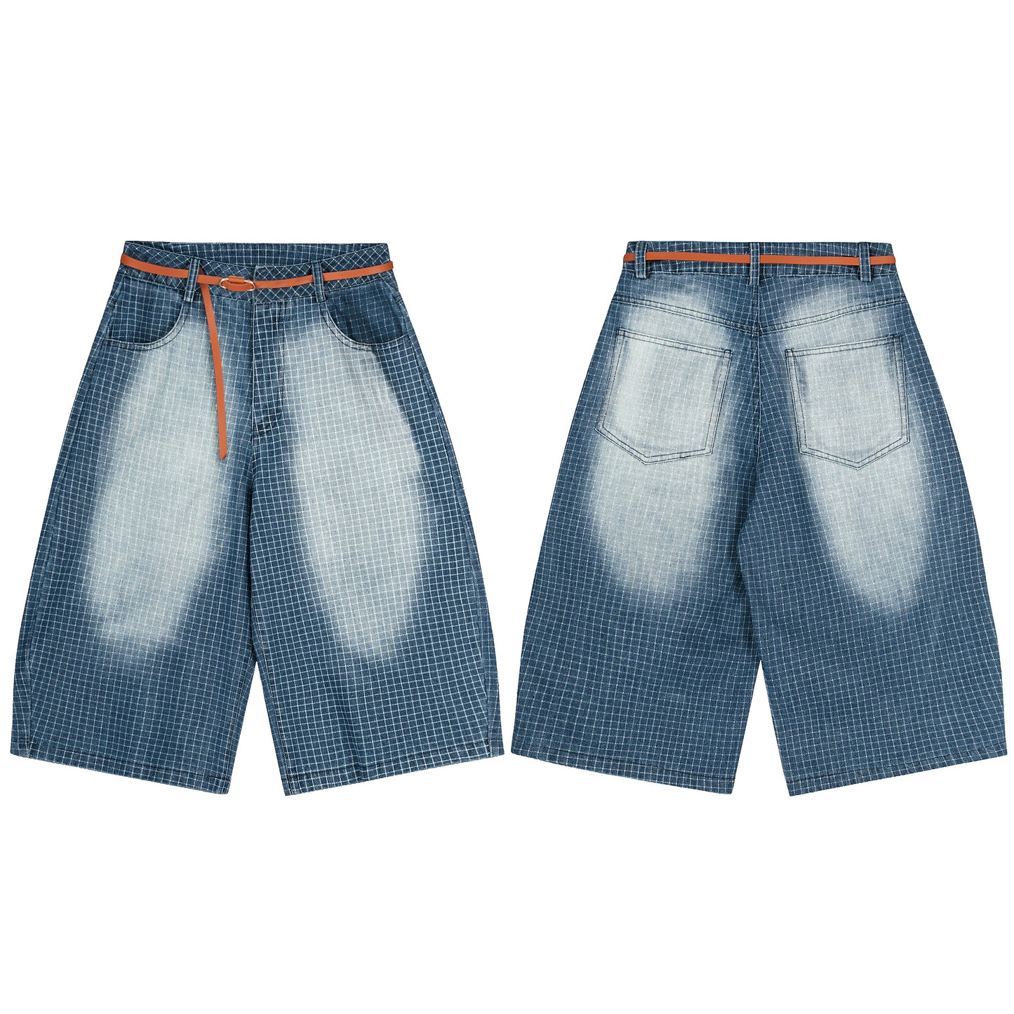 Grid Jacquard Washed Wide Leg Denim Shorts - Blue Front