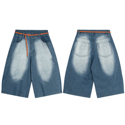 Grid Jacquard Washed Wide Leg Denim Shorts High Waist Bleached Vintage Belt Included Y2K Streetwear