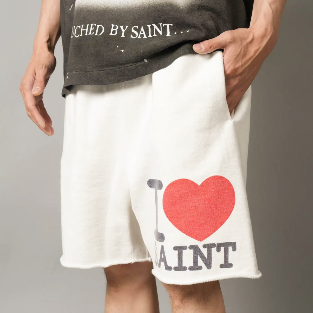 Saint Michael I Love Saint Print Shorts Oversized Cotton Terry Drawstring Raw Hem Streetwear Casual | Saint Love