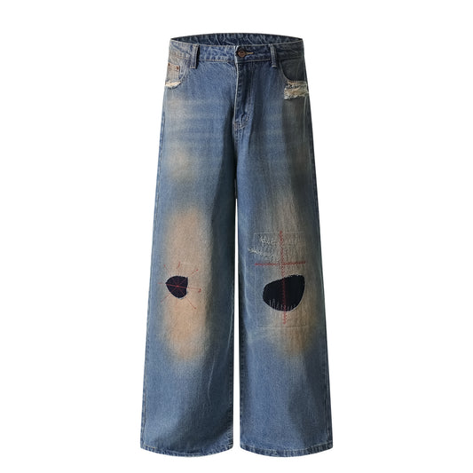 Distressed Patch Embroidered Wide Leg Jeans High Waist Light Wash Mud Dye Cross Stitch Streetwear Denim Trousers | Patch Cross