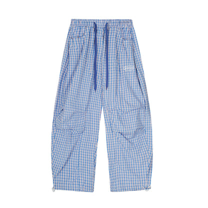 Women's RVNTE OG Oval Logo Plaid Print Cargo Wide Leg Pants Elastic Drawstring Waist Y2K Streetwear Trousers
