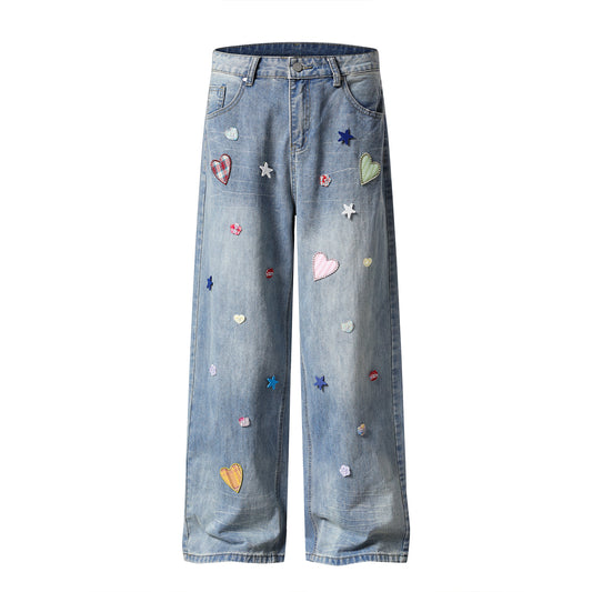 Heart Star Embroidery Patch Wide Leg Jeans Kawaii Colorful Applique High Waist Baggy Denim Pants Streetwear Barrel Trousers | Heart Scatter