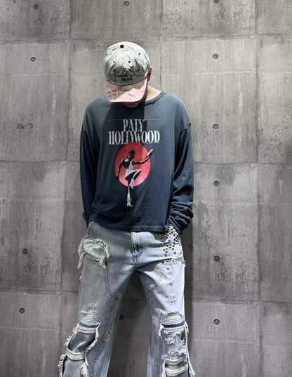 Paly Hollywood Vintage Graphic Print Long Sleeve Oversized Tee Washed Cotton Retro Streetwear Top | Paly Sunset