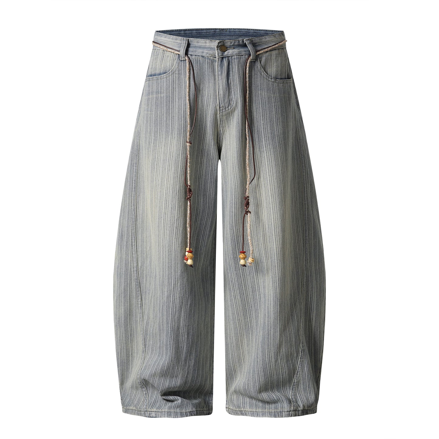 Stripe Texture Balloon Wide Leg Jeans Braided Rope Belt Wooden Bead High Waist Baggy Denim Pants Vintage Streetwear Trousers | Bead Rope