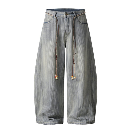 Stripe Texture Balloon Wide Leg Jeans Braided Rope Belt Wooden Bead High Waist Baggy Denim Pants Vintage Streetwear Trousers | Bead Rope