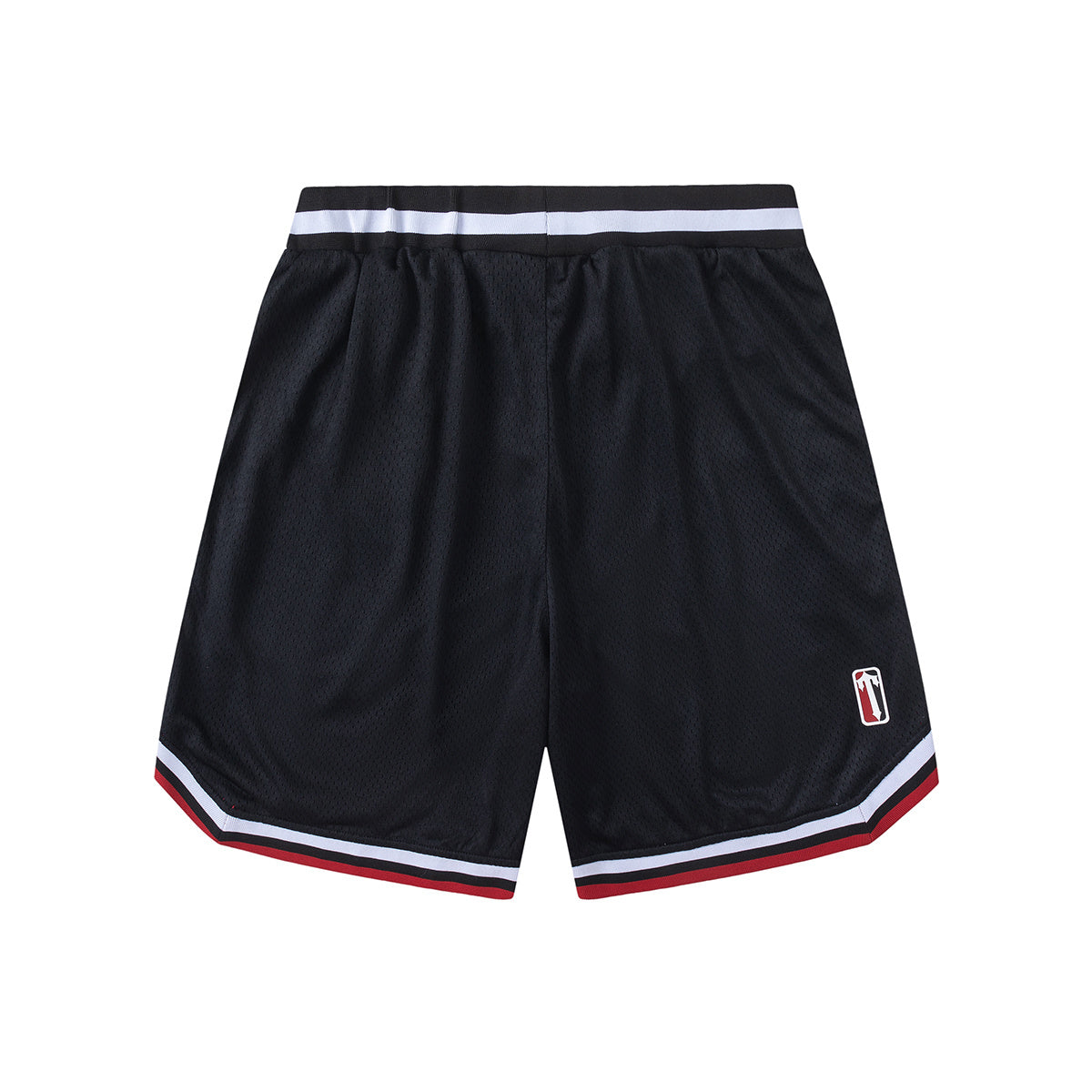 Blue graphic mesh basketball shorts with striped waistband and hem trim - view 2