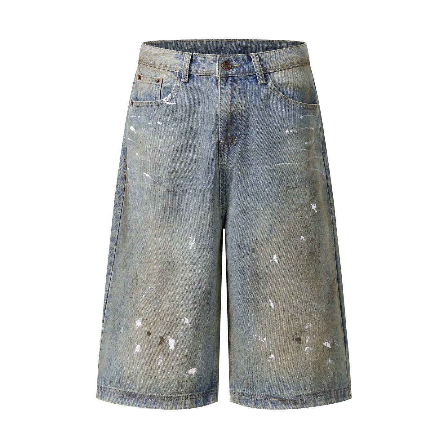 Paint splatter denim shorts back view close-up