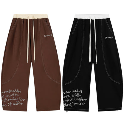 Severs Script Embroidery Contrast Waistband Wide Leg Barrel Pants Drawstring Zip Hem Streetwear