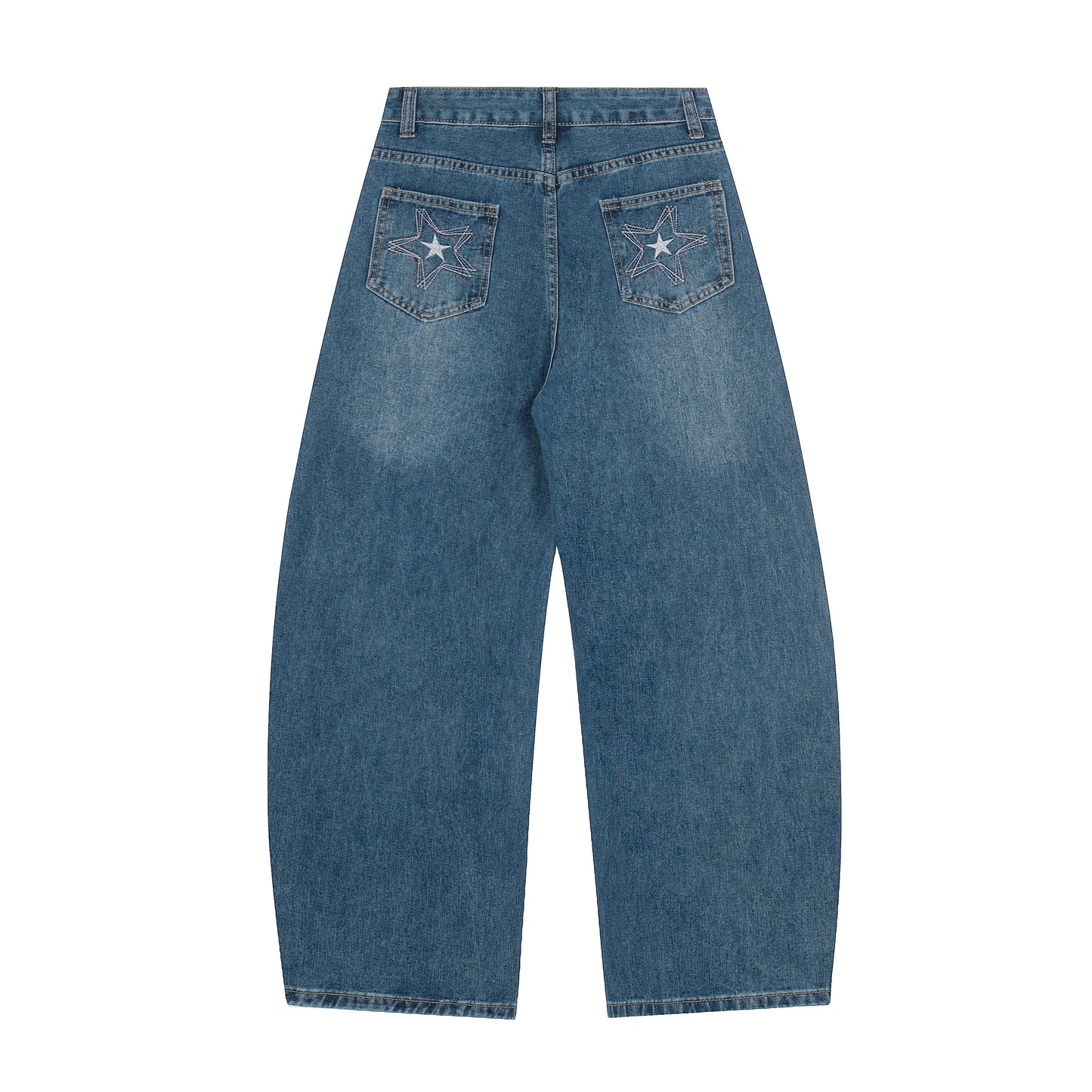 Star Embroidery Wide Leg Barrel Jeans - Blue Front