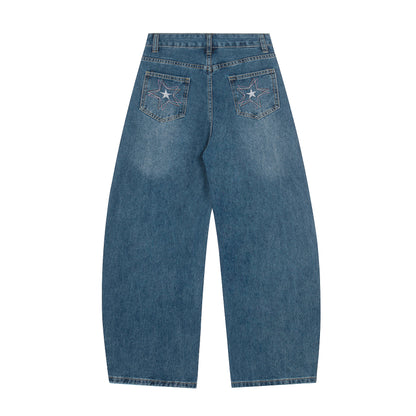 Star Embroidery Wide Leg Barrel Jeans High Waist Washed Y2K Streetwear Denim Pants