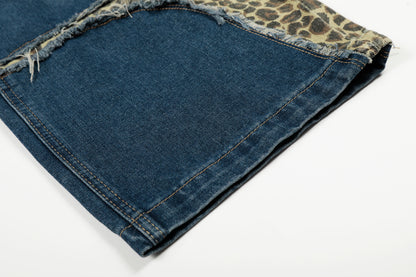 Leopard Patchwork Raw Edge Wide Leg Barrel Jeans Charm Pendant High Waist Washed Y2K Streetwear