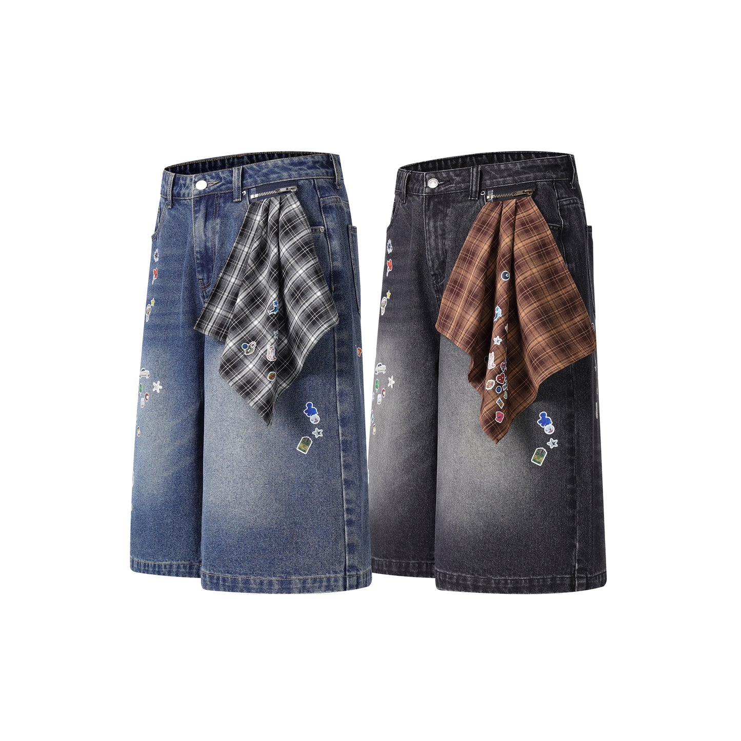 Sticker Hanky Cartoon Wide Leg Denim Shorts - Blue Side
