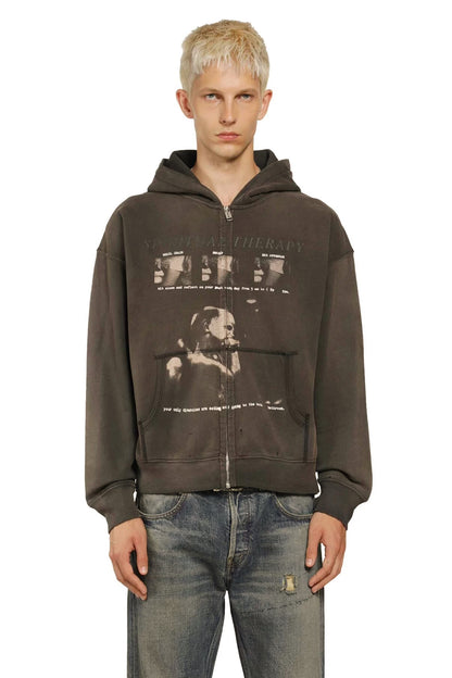 Spiritual Therapy Zip Up Hoodie - Washed Black