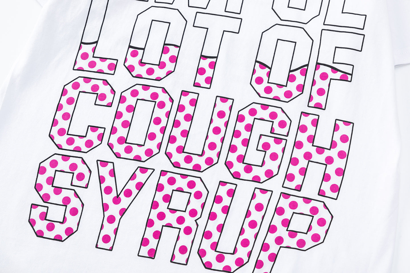 White crew neck graphic T-shirt with baby bottle artwork and pink polka dot text - view 2