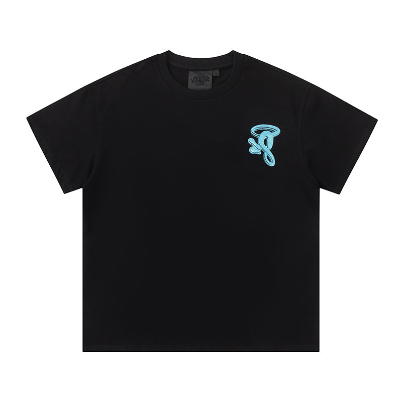 White crew neck short sleeve graphic T-shirt with small blue chest graphic - view 2