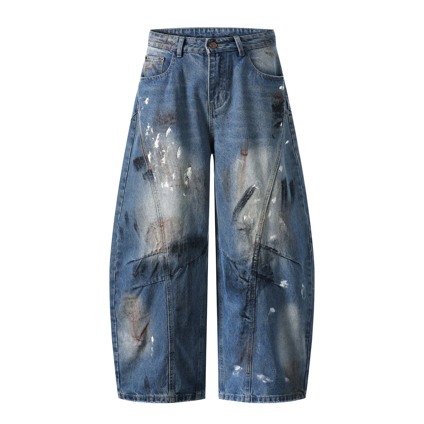 Paint Splatter Mud Dye Barrel Wide Leg Jeans High Waist Light Wash Distressed Diagonal Seam Streetwear Denim Trousers | Mud Canvas