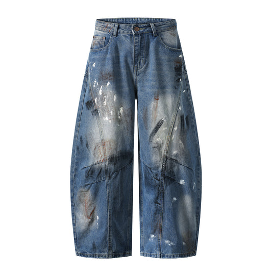 Paint Splatter Mud Dye Barrel Wide Leg Jeans High Waist Light Wash Distressed Diagonal Seam Streetwear Denim Trousers | Mud Canvas