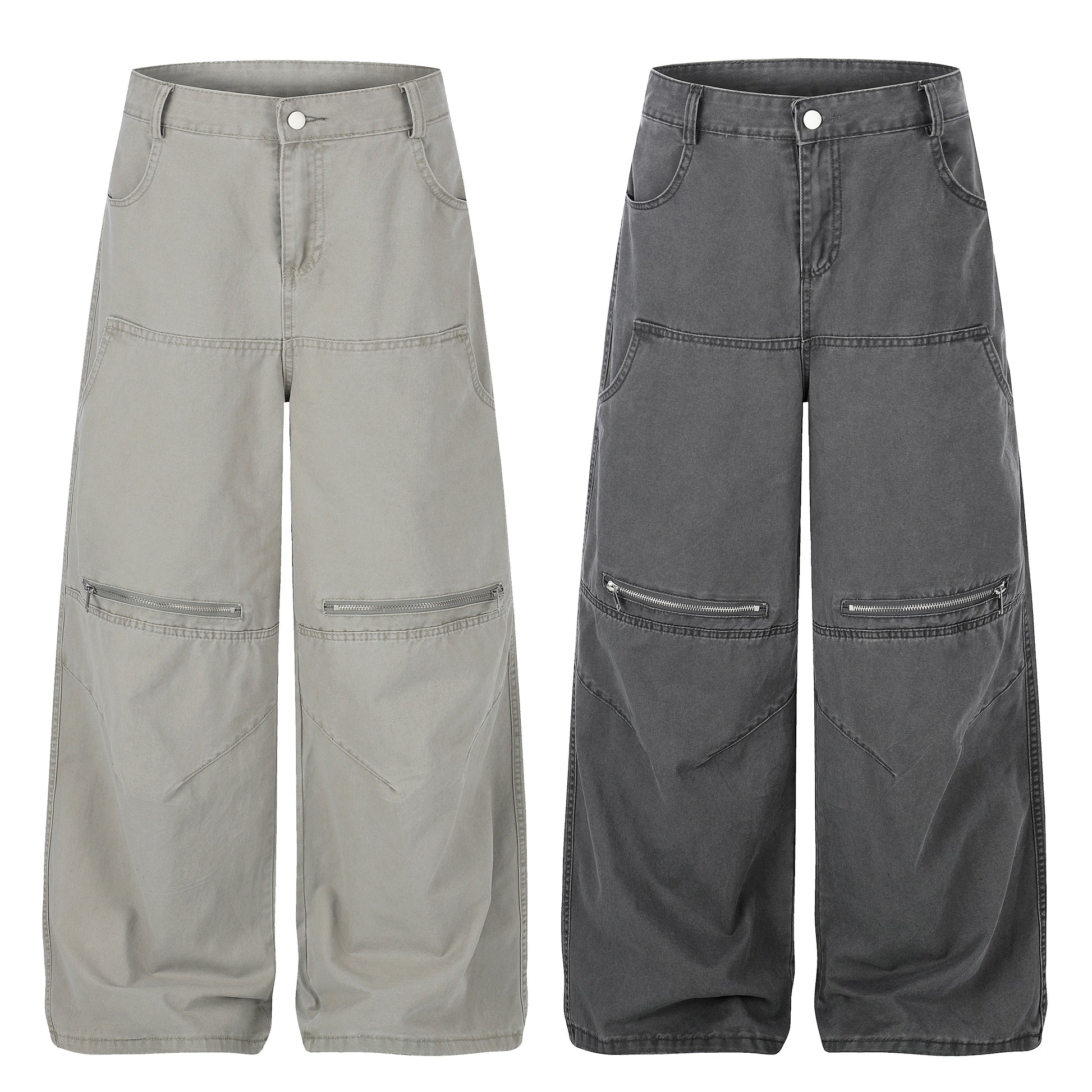 Zip Block Washed Wide Leg Cargo Pants Gray Front