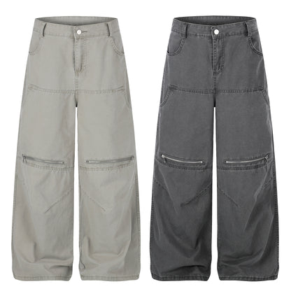 Zip Block Washed Wide Leg Cargo Pants High Waist Streetwear Y2K Vintage Knee Zip Patchwork Trousers | Zip Block