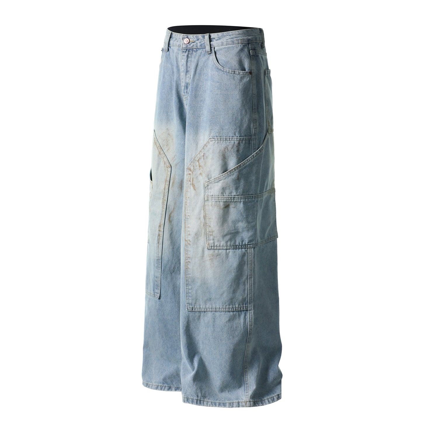 Curved pocket cargo jeans back view with large patch pockets