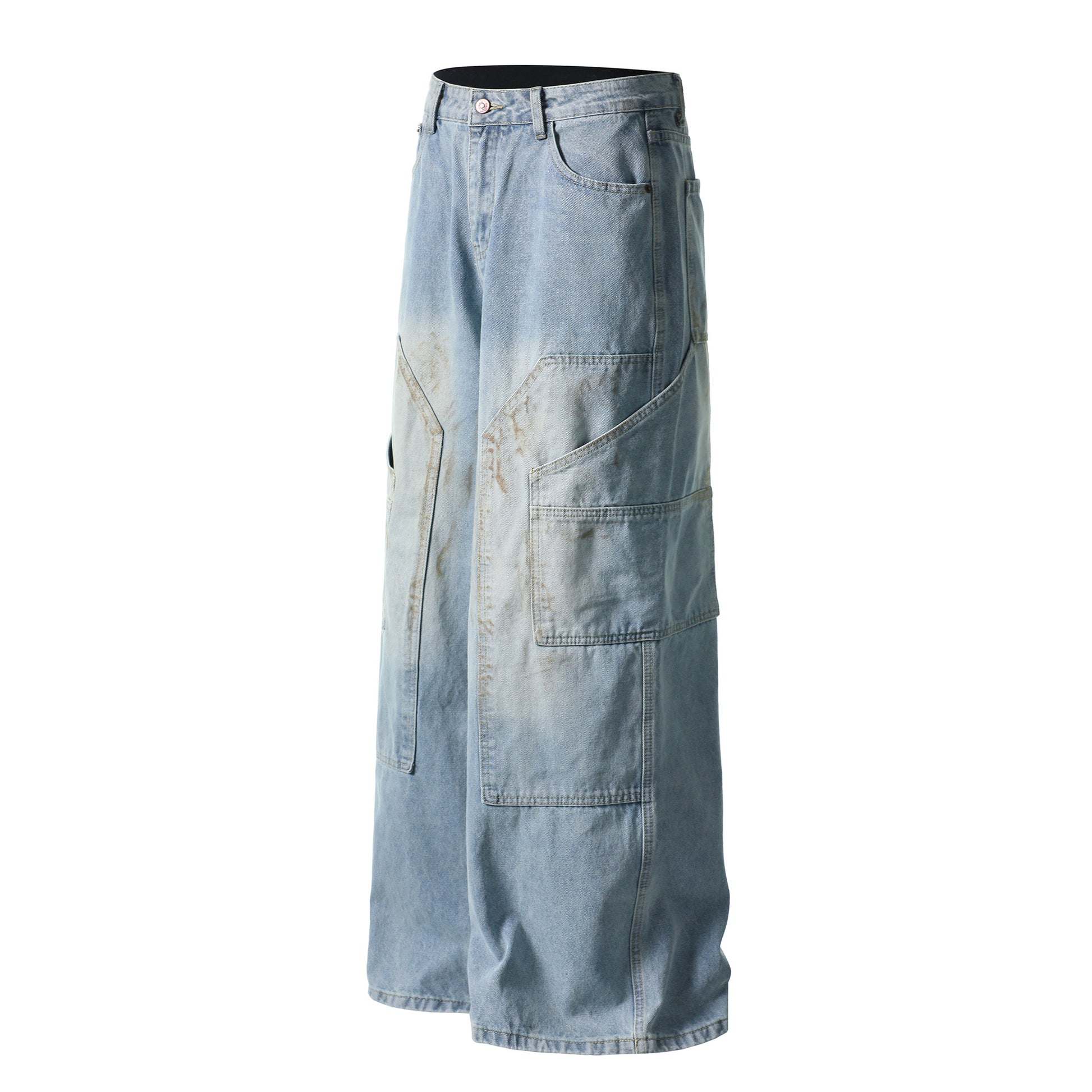 Curved pocket cargo jeans back view with large patch pockets