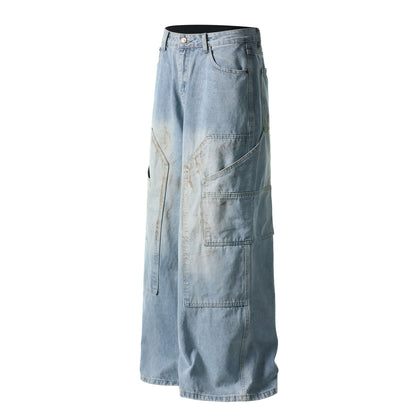 Curved Pocket Cargo Wide Leg Jeans High Waist Light Wash Mud Dye Faded Utility Streetwear Denim Trousers | Pocket Arc