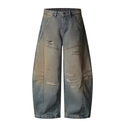 Heavy Ripped Multi-Panel Barrel Wide Leg Jeans Earth Tone Mud Wash Distressed Arc Seam High Waist Baggy Denim Trousers | Rip Arc