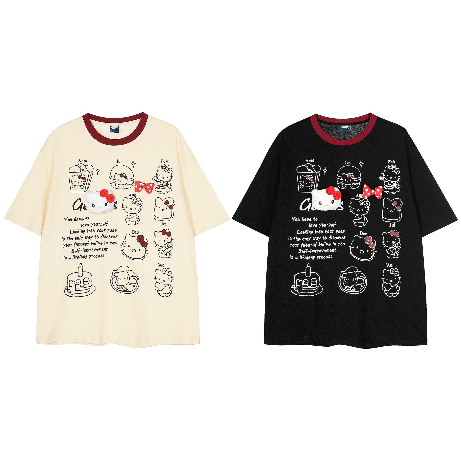 Hello Kitty 3D bow graphic tee cream and black - comparison front