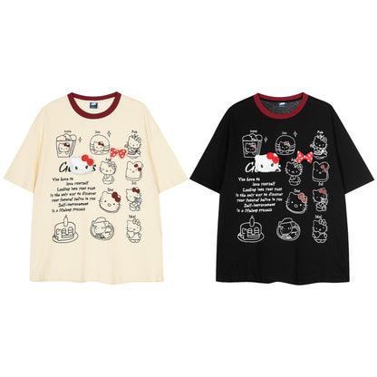 Hello Kitty 3D Bow Plush Patch Graphic Tee Oversized Short Sleeve Kawaii Cute Ringer Collar Y2K Summer T-Shirt | Kitty Bow