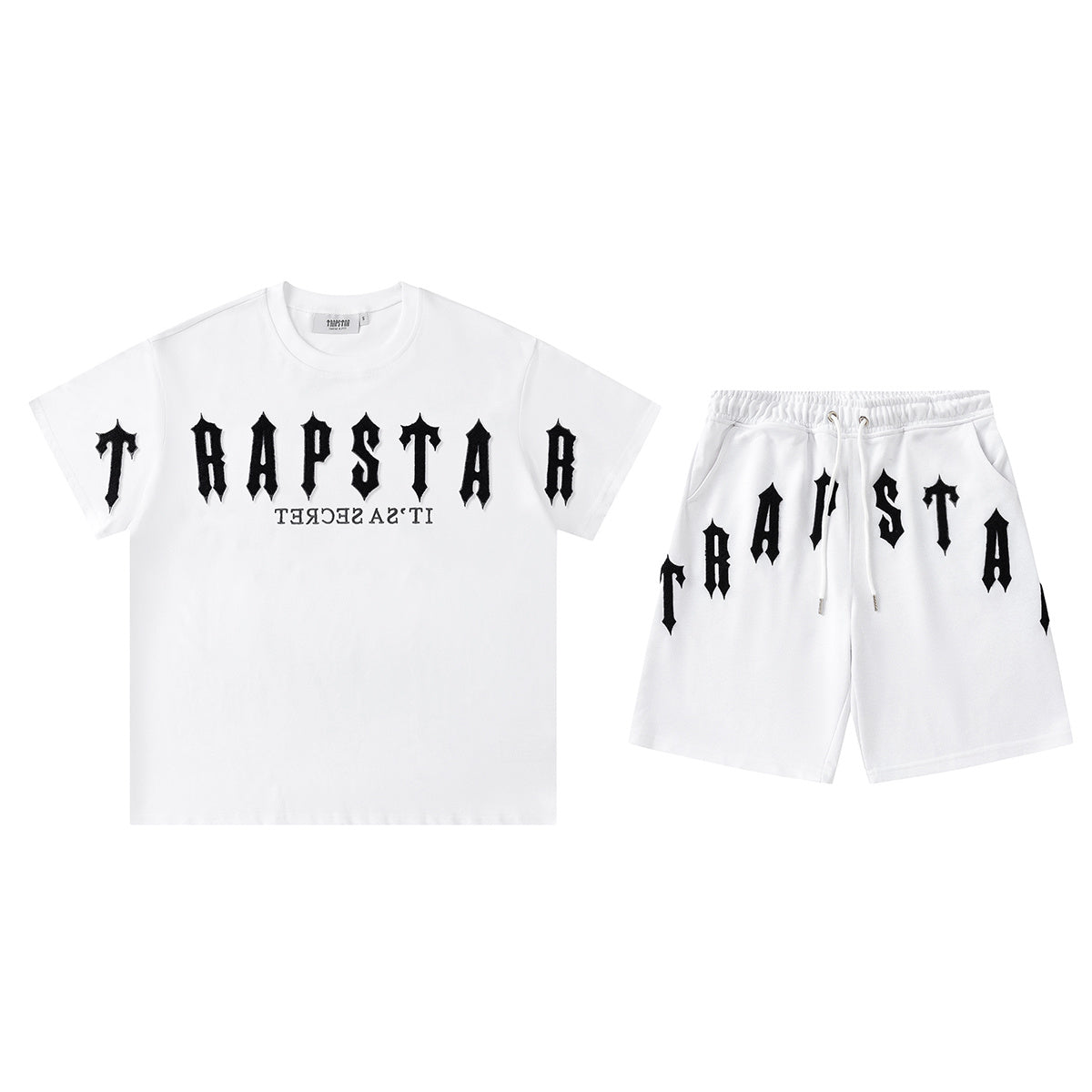 Trapstar unisex T-shirt and drawstring shorts set with bold logo graphics in black and white - view 2