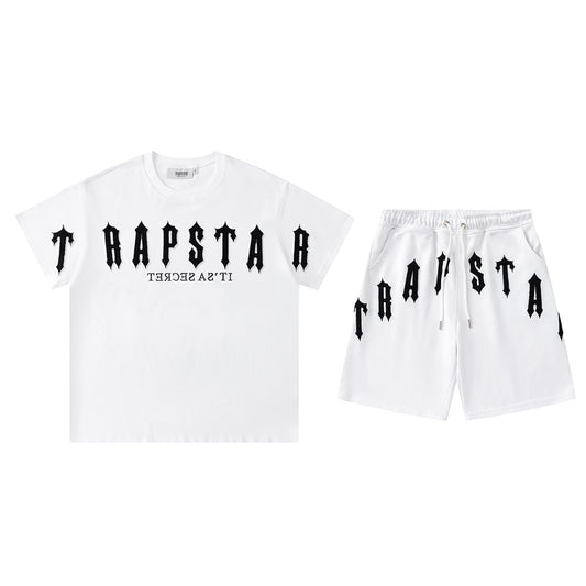 Trapstar unisex T-shirt and drawstring shorts set with bold logo graphics in black and white - view 2