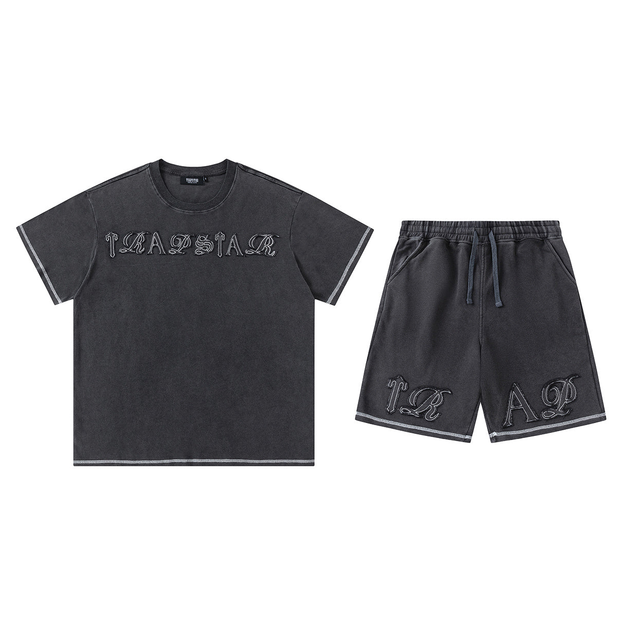 Trapstar black and charcoal graphic T-shirt and drawstring shorts set with contrast stitching - view 2