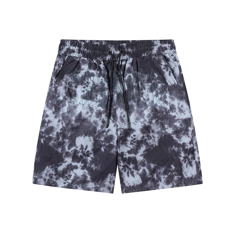 Black and gray tie-dye graphic shorts with drawstring waist and front pockets - view 2